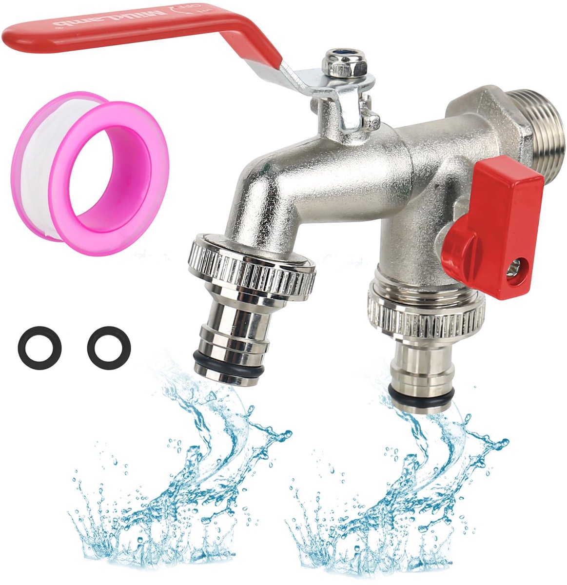 3/4 inch waterkraan tuin dubbele kraan messing kogelkraan buiten vorstbestendig aftapkraan 2 x gratis slangaansluitingen, 1 x rolafdichtband, dubbele aansluiting en slangtule