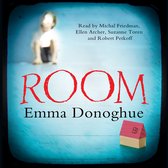 Boekomslag van ROOM door Emma Donoghue, met een vage afbeelding van een kind en een klein poppenhuis.