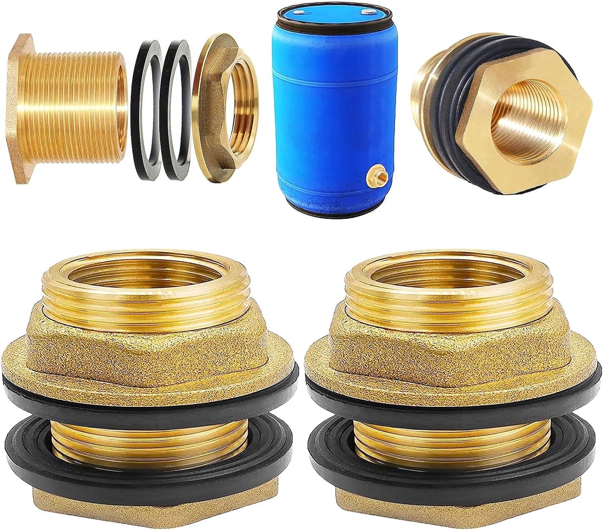 2 Stuks Messing Regenton Aansluiting, Schroefverbinding, Vat Schroefverbinding, Regentondoorvoer, Met 1 1/4 Inch Buitendraad x 1 Inch Binnendraad, Voor Kranen, Emmers en Watertanks(Geel)