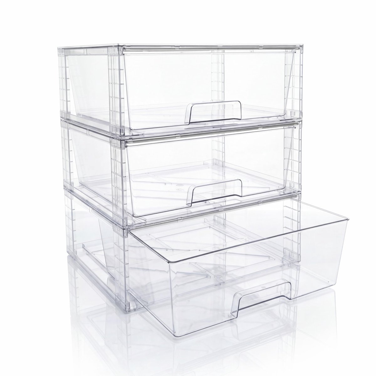 3 Stuks Stapelbare Transparante Opberglades Breed Model, Kunststof Lade Organizers met Handgrepen, Gemakkelijk te Monteren voor Badkamer, Kast, Keuken, Onder Gootsteen, Voorraadkast