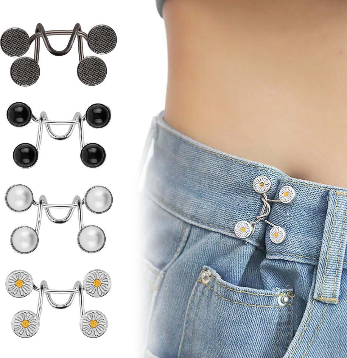 Verstelbare clip-on jeansknoop, 4 tailleband voor jeans, verstelbare broekknoop, verstelbare taillegesp voor broek, jeansgesp, geen naaien of gereedschap