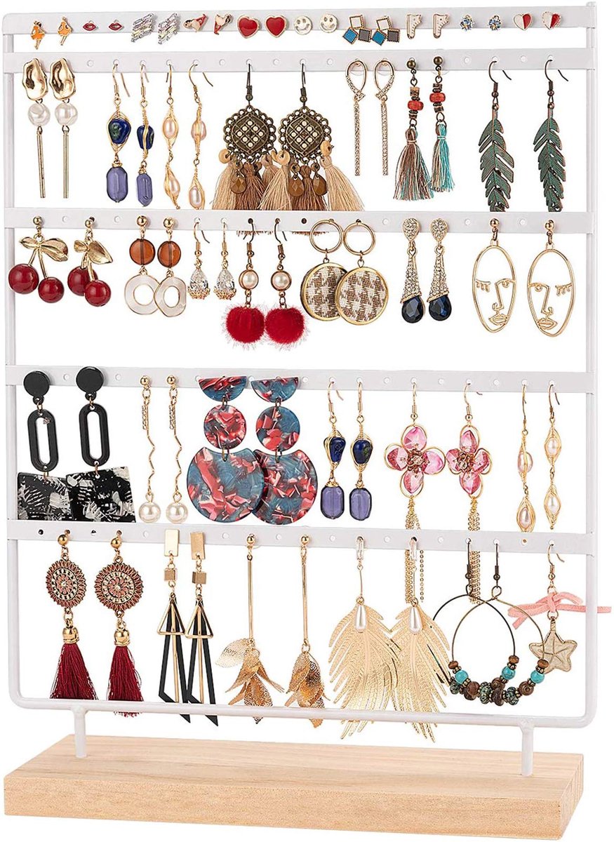 oorbelhouder, 100 gaten, oorbelstandaard, 5 etages, metalen oorbelorganizer met houten basis, display voor oorbellen, 35 x 27 cm (Wit)