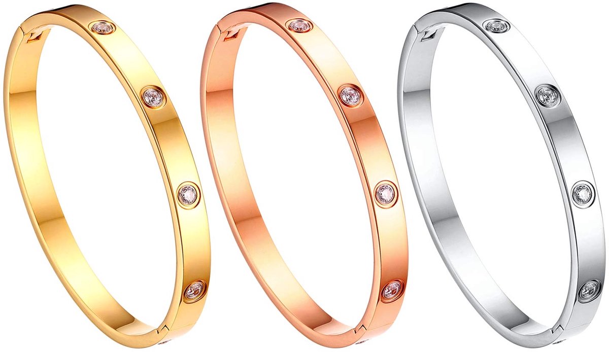 JewelryWe Roestvrijstalen damesarmband met zirkoniasteentjes, sieraad in eenvoudige stijl, liefdesarmband, 6 mm breed, met gesp, zilver/goud/roségoud, 18 centimeters