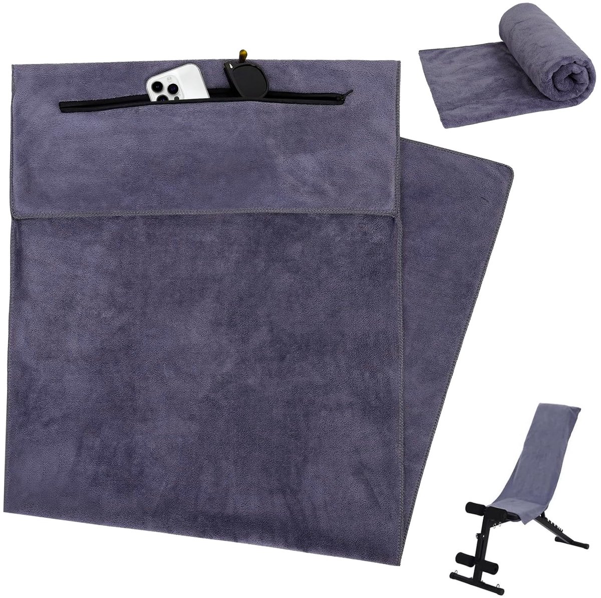 Handdoek met Tas Ritssluiting - 120 x 50 cm Sneldrogende Microvezel Handdoeken, Bodybuilding-Handdoek Vrouwen Mannen, Sporthanddoek voor Fitnessstudio, Gym, Training, Sport Indoor (Graublauw)