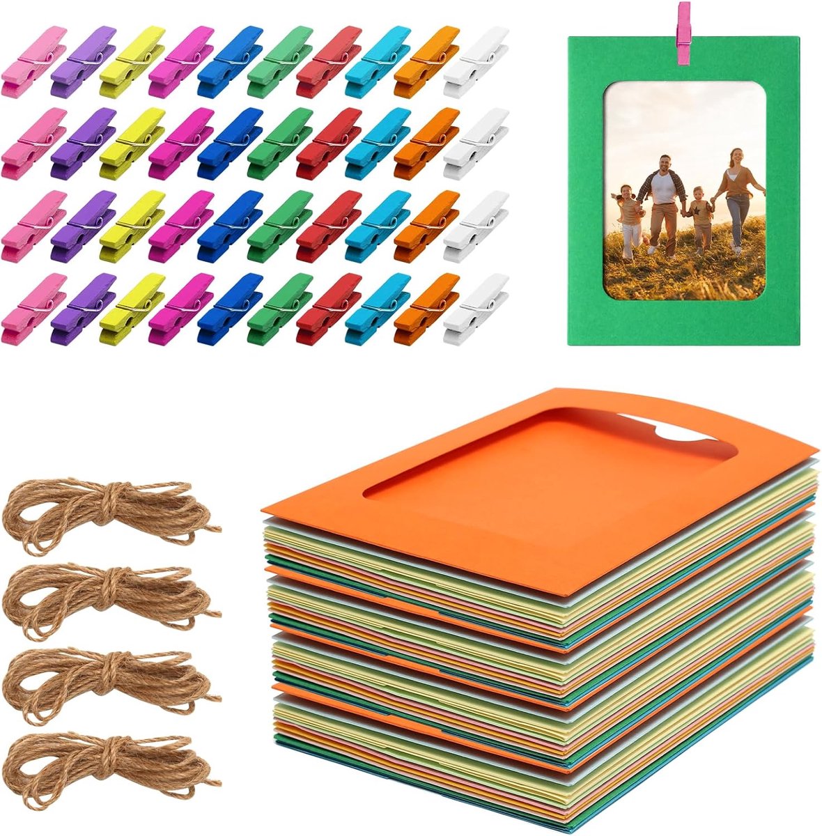 Fotoslinger, 40 stuks, 11,5 x 15,5 cm, kartonnen fotolijst met klemmen, papieren fotolijst, kleurrijk, voor thuis, school, kantoor, wanddecoratie