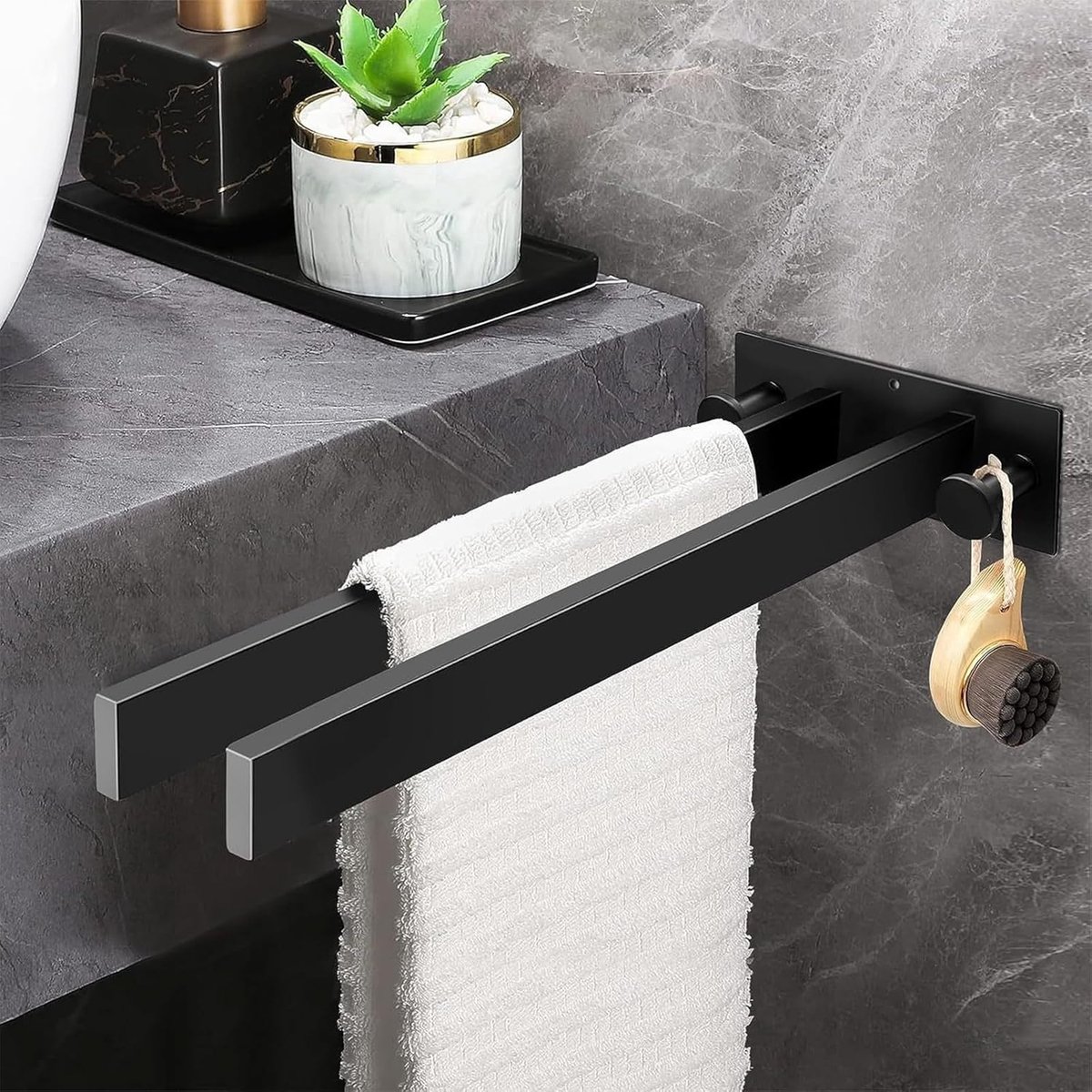 handdoekhouder van roestvrij staal, montage met lijm of schroef, 40 cm, multifunctioneel handdoekenrek voor familiebadkamers, mat zwart