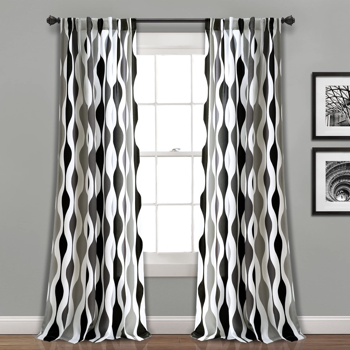 Decor Mid-century geometrische lichtfilterende raamgordijnen, paar, 274 x 132 cm (l x b), zwart en grijs