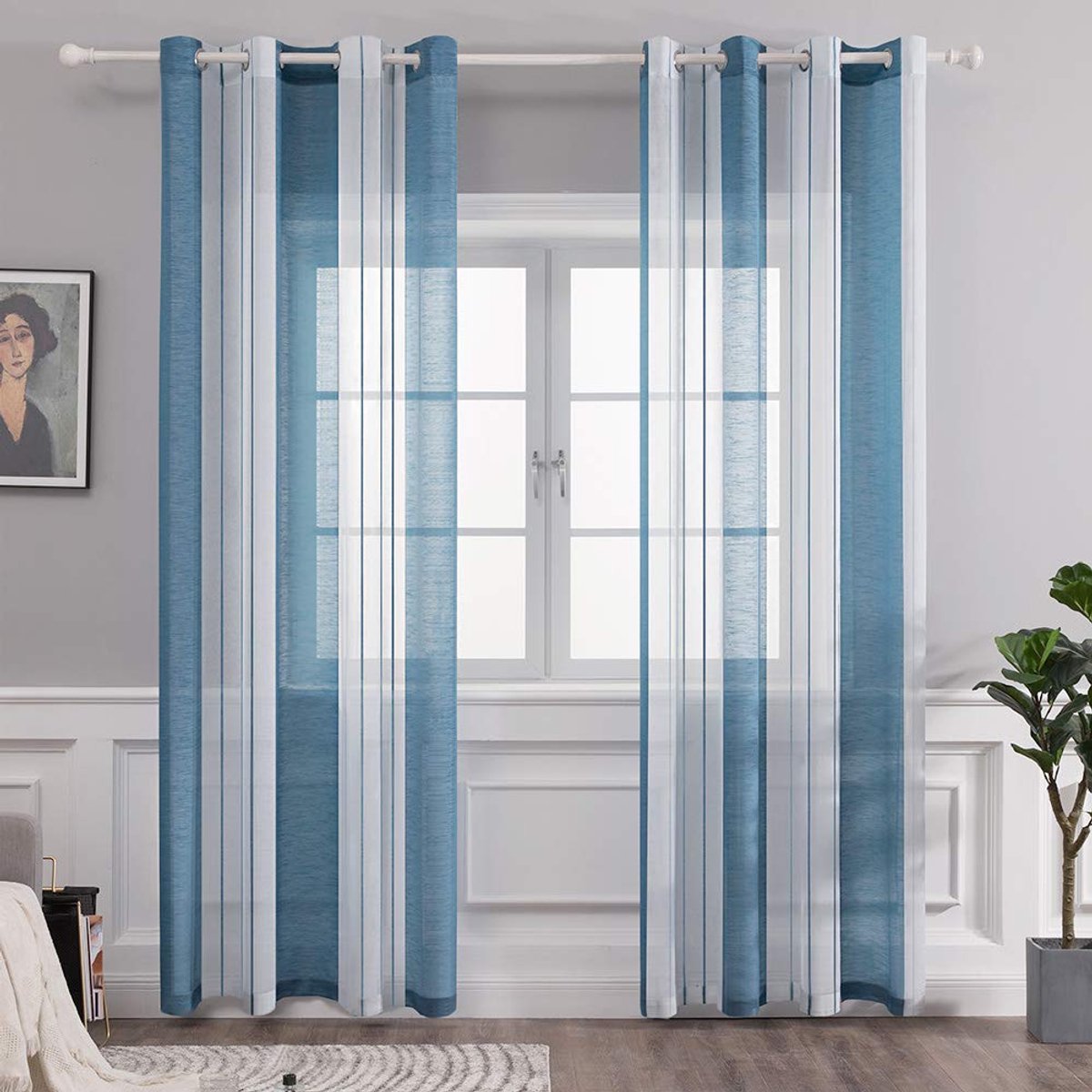 Gordijnen, transparant, voile met inslagringen voor woon- en slaapkamer, set van 2 stuks, 140 x 175 cm, stofblauw gestreept