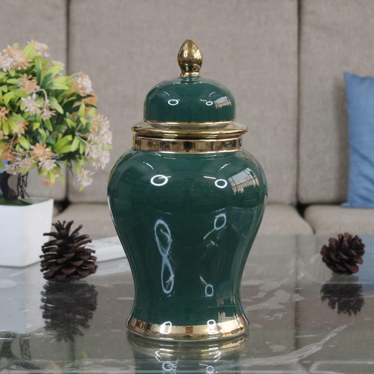 Temple Jar, Gember Jar, Exclusieve Keramiek met Groen Gouden Bloem Vaas met deksel op de bovenkant