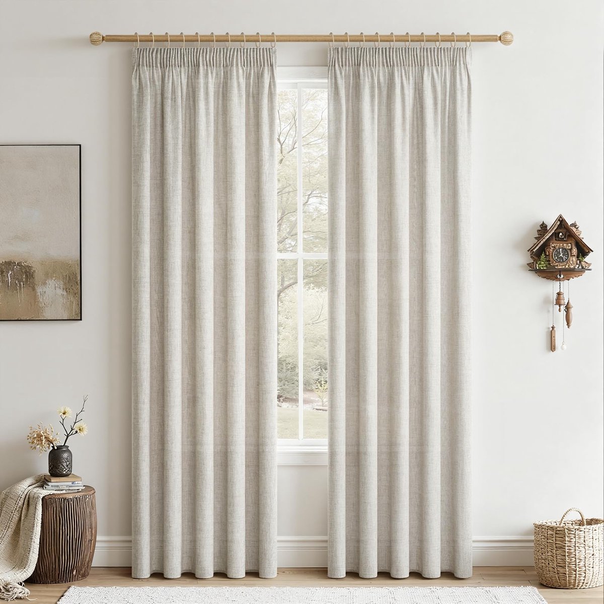 Gordijnen met plooiband, linnen, 225 x 140 cm (h x b), linnenlook, kort, raam, woonkamer, gordijn, linnen, halftransparant, set van 2 voor slaapkamer, keuken en kinderkamer