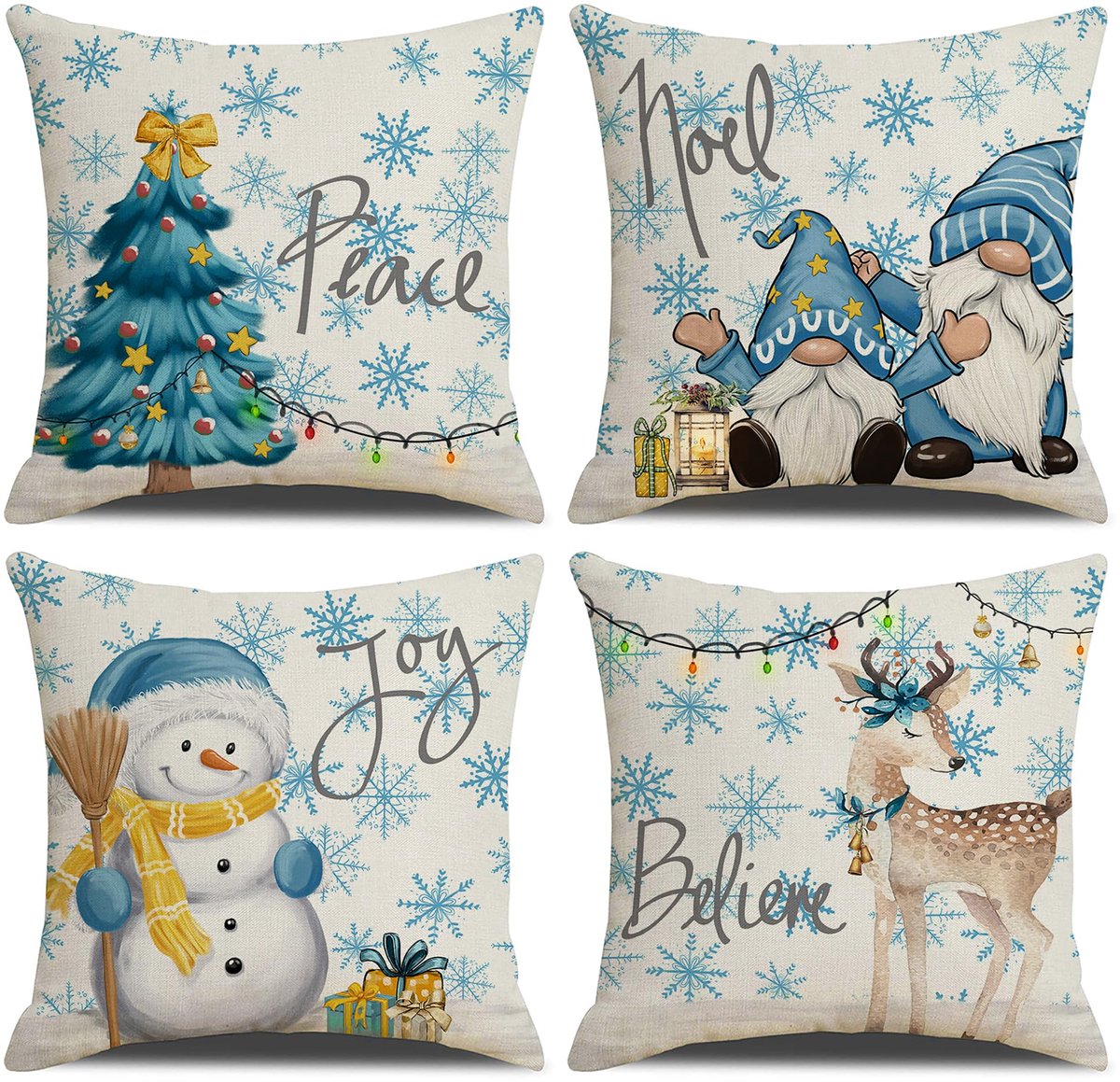 Kerstkussenslopen van 18 x 18 cm, set van 4 voor Kerstmis, decoratieve kussensloop, wintervakantie, kussenhoes voor bank, thuis, boerderij, decoratie (kerstboom, sneeuwpop, kabouterhert) (45,7