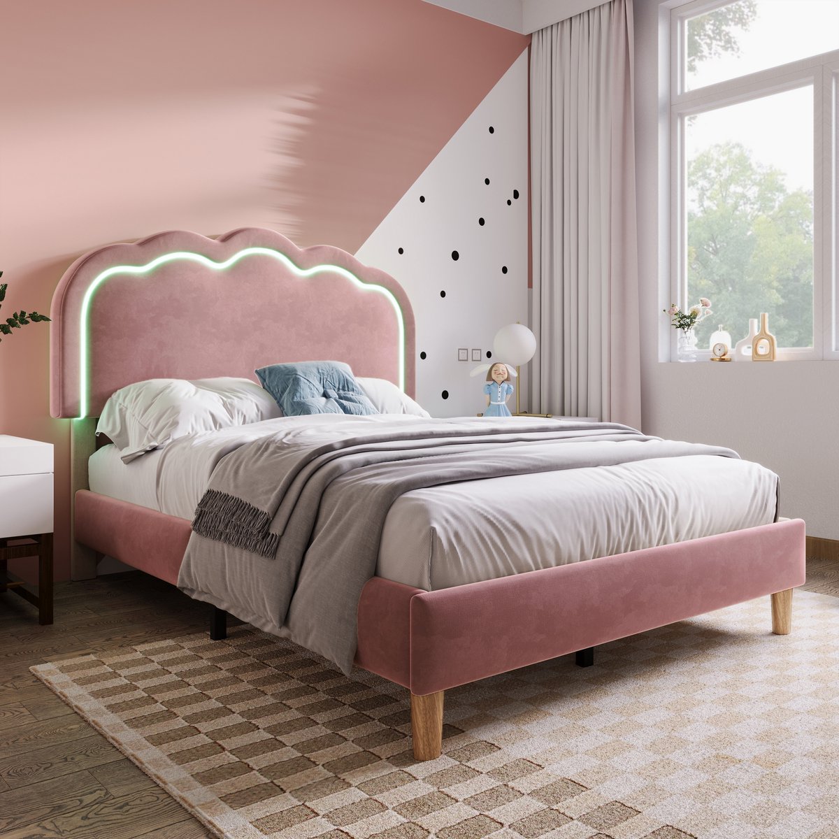 Gestoffeerd bed 90x200 cm - Met ledverlichting, eenpersoonsbed 90x190 cm, bedframe met lattenbodem en verstelbaar hoofdeinde, gestoffeerd bed in roze, bedframe voor een kinderbed in de slaapkamer of logeerkamer - fluweel