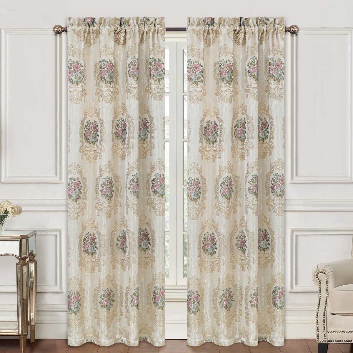 Gordijnen voor Ramen, Damastgordijnen voor Slaapkamer Woonkamer Keuken 132x213cm 2 Panelen met Koorden en Roedezak (Bloemenmotief)