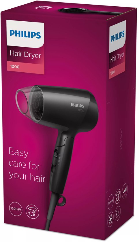 Verpakking van zwarte Philips föhn met tekst 'Easy care for your hair' en iconen voor 1200W, 2 warmtestanden en koele lucht.