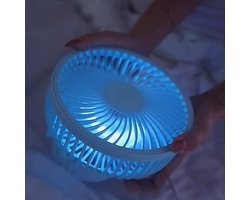 Draagbare oplaadbare bureauventilator met ledverlichting en haken – ventilator met 1200 mAh-accu voor tenten en reizen