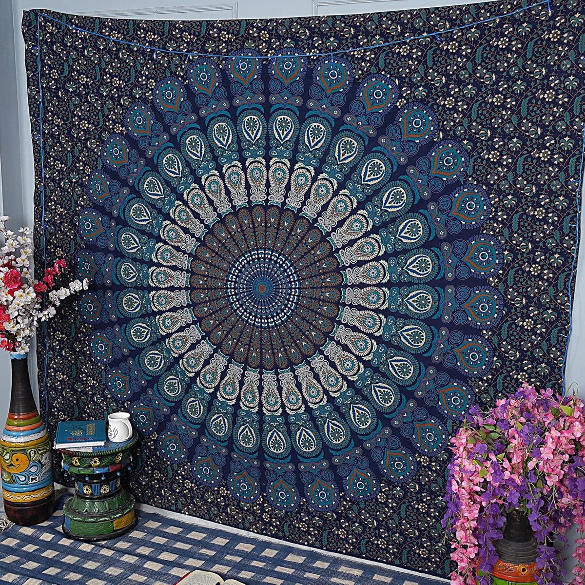 Mandala wandtapijt voor slaapkamer esthetische Boheemse wandkleden wandtapijten hippie tapijt psychedelische kamerdecoratie sprei meditatie yogamat - 137 x 213 cm, marineblauw