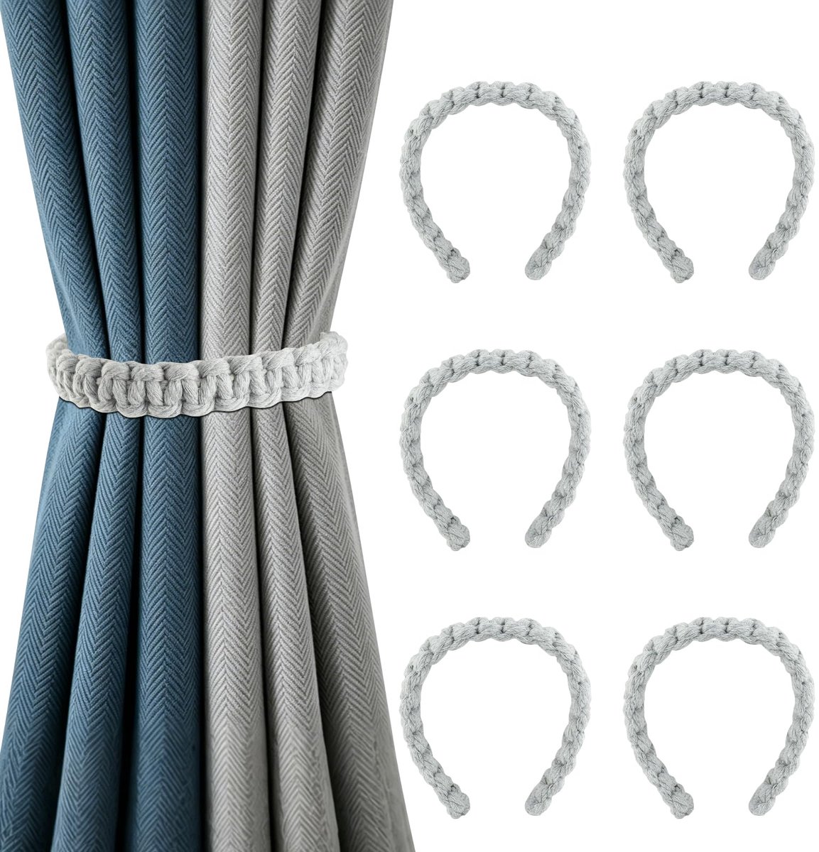 Gordijnhouders, gevlochten gordijnhouders, zonder boren, retro gordijnkoord van katoenen touw, voor kantoor, woonkamer, slaapkamer, decoratieve gordijnen (grijs)