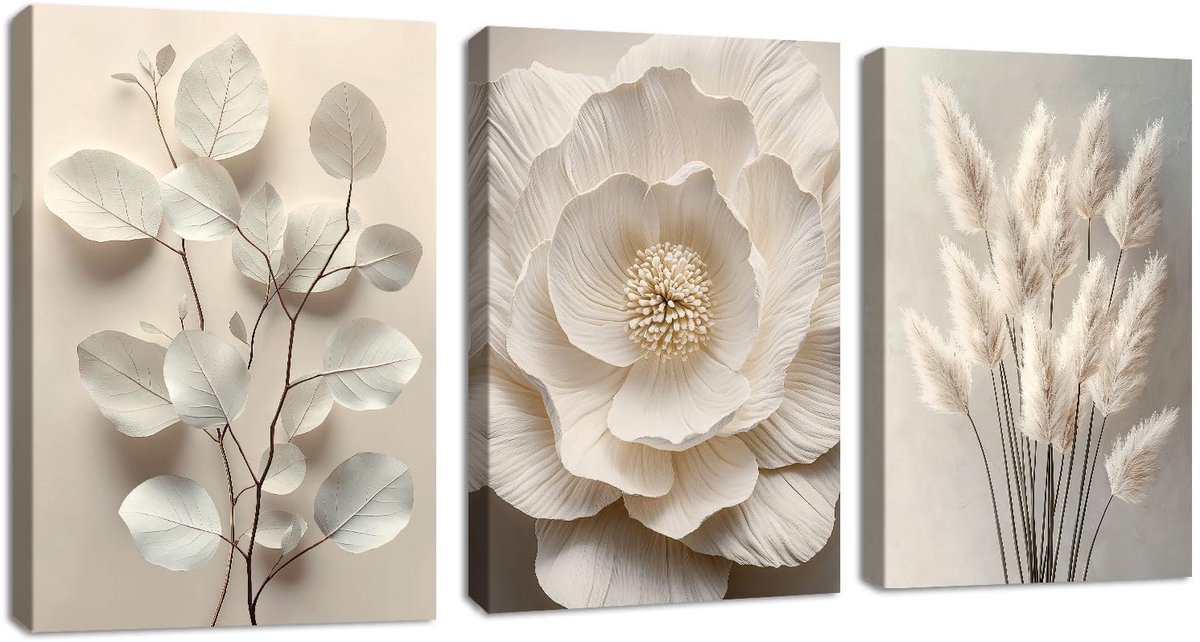 3 Pcs Neutraal Beige Bloemen Planten Canvas wanddecoratie, Boho Getextureerd Bloemen Botanisch Ingelijst Wandschildering Afbeeldingen Bloesem Posterprints voor Slaapkamer Woonkamer Kantoor 40x60cmx3