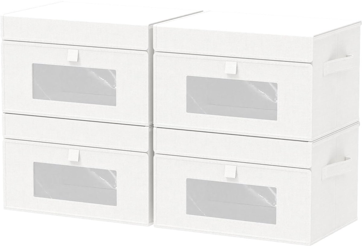 Opbergdozen met Deksel Stof Vouwbaar Met Handvatten Met Transparant Venster, Set van 4 Wit, 33 x 23 x 20 cm
