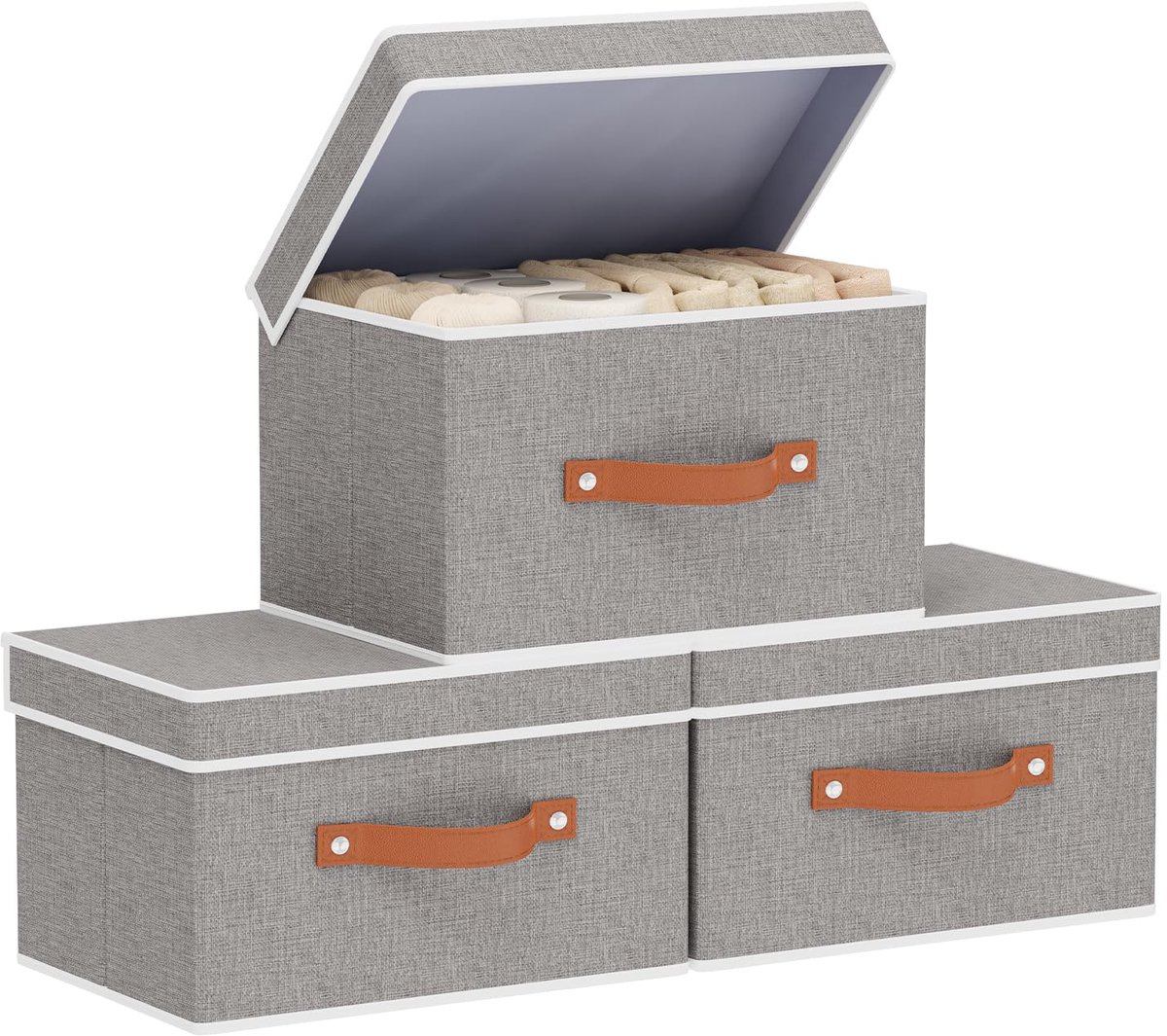 Set van 3 opbergdozen met deksel, opvouwbaar, organizer-manden met handgrepen, opbergdoos voor kleding, voor boeken, dekens, beddengoed, grijs, 33 x 23 x 20 cm