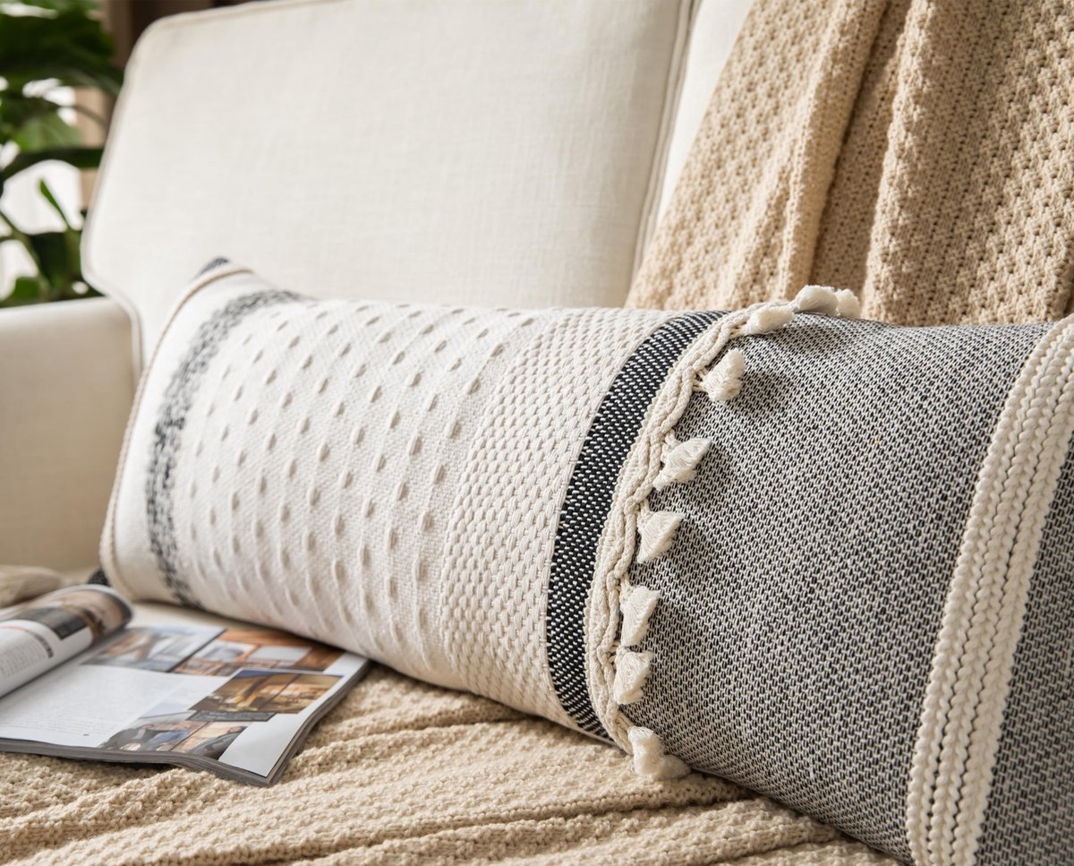 Boho Lumbale sierkussenhoes 14 x 36 lange decoratieve kussens voor bed, zwart beige geweven lichaam kussensloop voor boerderij stoel bank slaapkamer woonkamer woondecoratie bank kussensloop