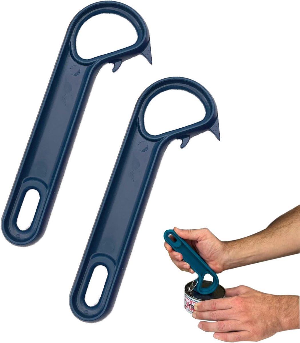 Blikopener - 2 stuks J-vormige blikopener met ringlus, blikopener voor senioren, handmatig, ergonomische glasopener met lipje, antislip glasopener voor kattenvoer, bierblikje, blauw
