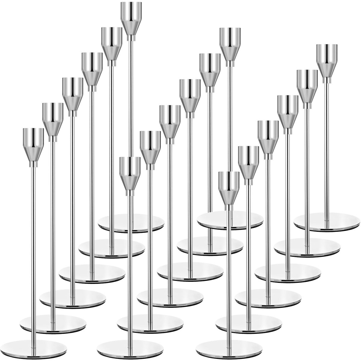 Set van 18 zilveren kandelaars, metalen kandelaars, hoge kaarsenstandaard voor puntkaarsen, kandelaars voor 3/4 inch dikke kaarsen voor bruiloft, woonkamer, eetkamer (zilver)