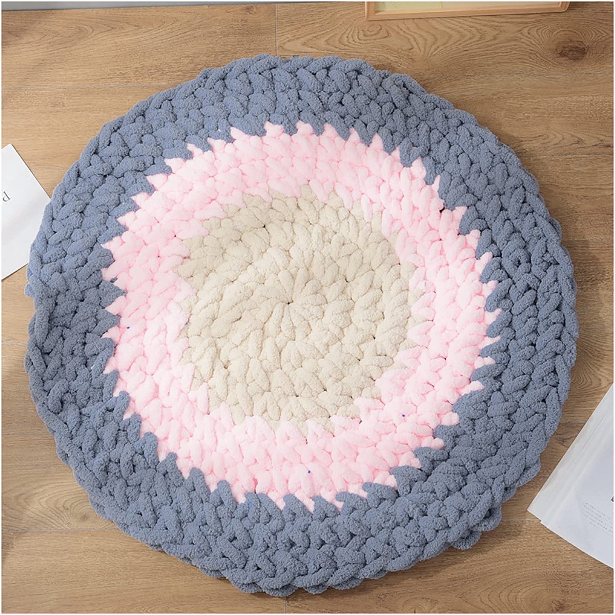 Vloerkussen, Tatami, ademend, kabel, handgebreid, rond, kussen, yoga, voor tuin, woonkamer, wit, roze, 50 x 50 cm (