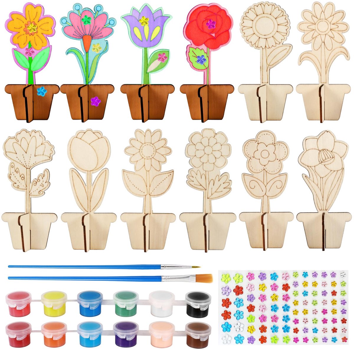 12 houten bloemen om te beschilderen, 3D-bloemen, knutselset voor kinderen met kwast, kleurstrepen, stickers, tulpen, standaard, bloempotten