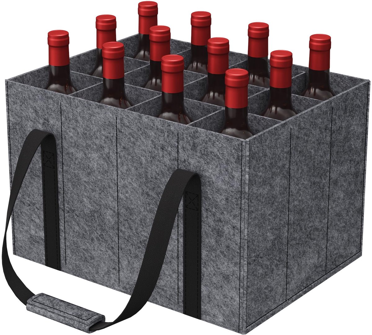 Flessentas met 12 vakken, vilten flessentas, opvouwbare vilten flessentas met handvat voor wijn, dranken, bier, champagne, wijnfles, dranktas, grijs, 40 x 30 x 26 cm, grijs,