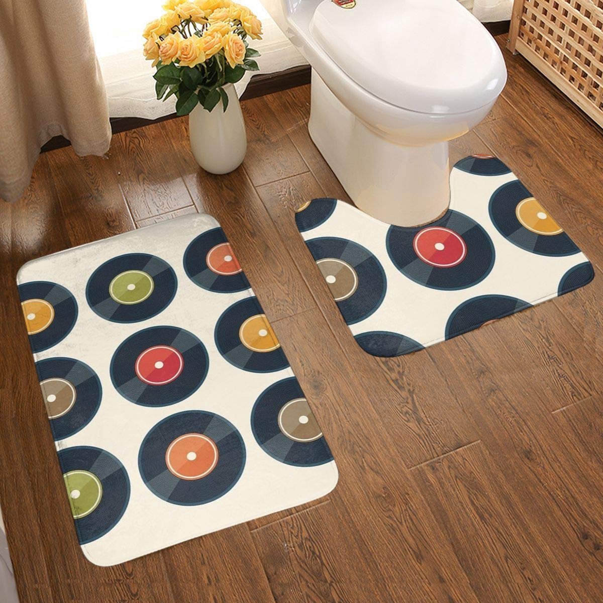 Record Collectie 2-delige zachte anti-slip badmat set, textuur fotografie inclusief 80x50cm hoge absorptie wc-bril en 50x40cm microvezel zachte zachte zachte badkamer tapijt, anti-slip mat wasba