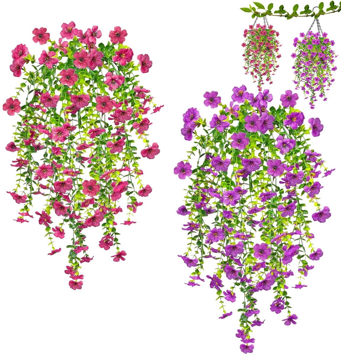 2 stuks viooltjes kunstplanten, kunstbloemen, net echt, 76 cm, kunsthangplanten, lijkt op echte kunstbloemen, kunstplanten, hangend voor tuin, balkon, decoratie (paars, rood)