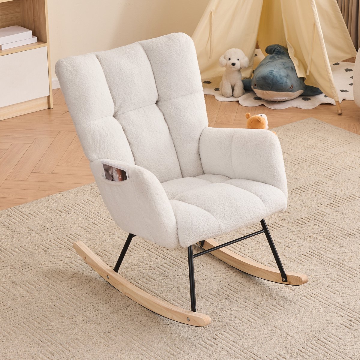 HAUSS SPOLE Schommelstoel - Fauteuil Met Hoge Rugleuning - Zacht Gecapitonneerd Teddy Stof - Voor Woonkamer En Slaapkamer - Wit White