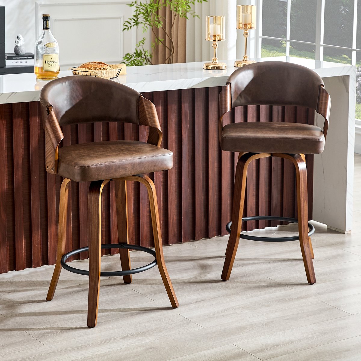 HAUSS SPOLE Barkruk - Retro Design - Set Van 2 - Met Rugleuning, Voetsteun En Gevoerde Zitting - Voor Bar En Keukeneiland - Hout Bruin