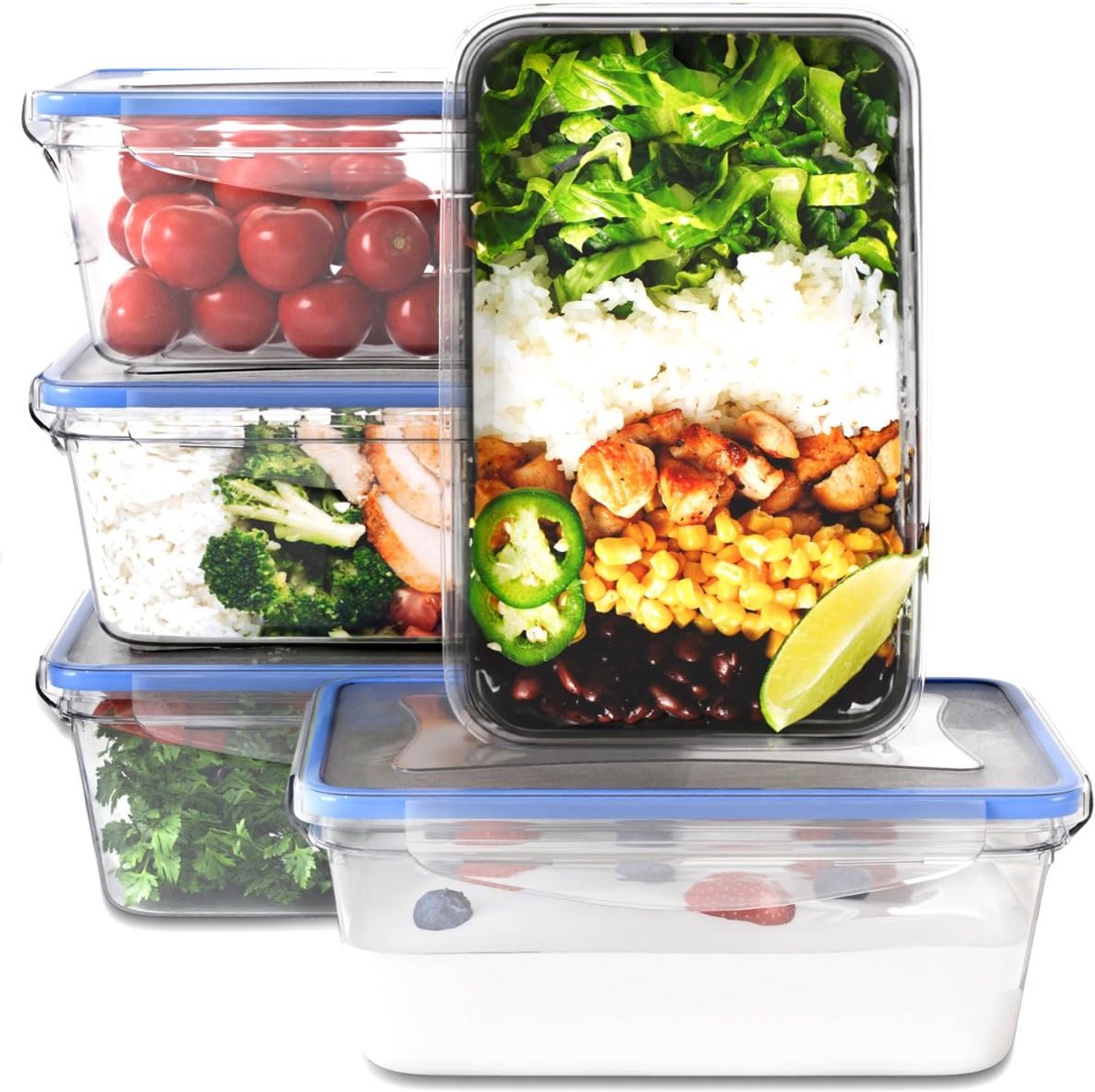 Set van 5 plastic voedselopslagcontainers met 100% lekvrij deksel - vaatwasser-, magnetron- en vriezerbestendig - C-FHD 4007 K