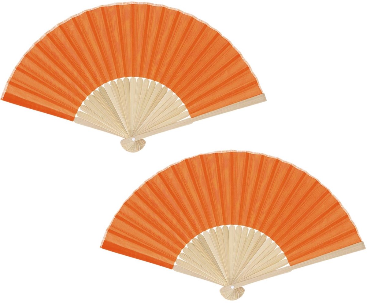 Bellatio Design Spaanse handwaaier - 2x - oranje - bamboe/papier - 38 x 21 cm - spaanse waaier - festival waaier