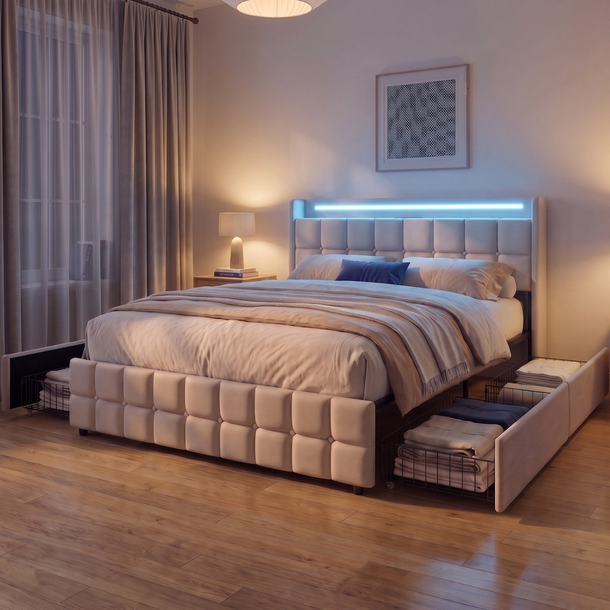 Mofor Gestoffeerd Opbergbed 180x200 cm met 4 lades - Tweepersoonsbed met LED en USB - Hoofdbord met opbergruimte - Linnen - Modern - Beige