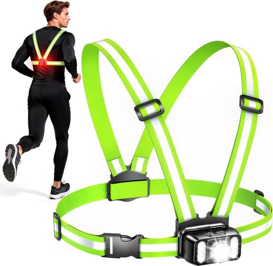 Hardlooplamp met vest - Veiligheidsverlichting set - Nachtelijke buitenactiviteiten - 360 graden zichtbaarheid - 550 lumen - Zwart