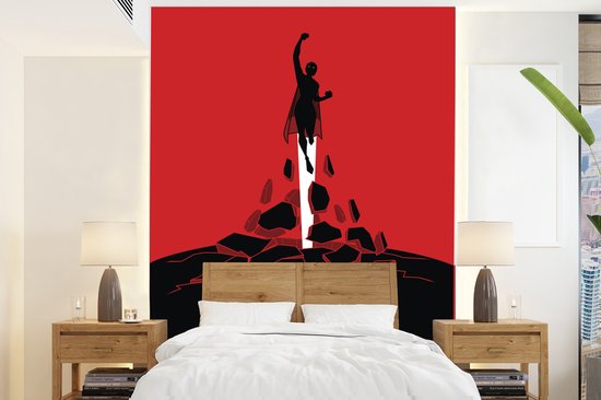 Behang - Fotobehang Kinderillustratie van superheld die uit steen breekt - Breedte 175 cm x hoogte 240 cm