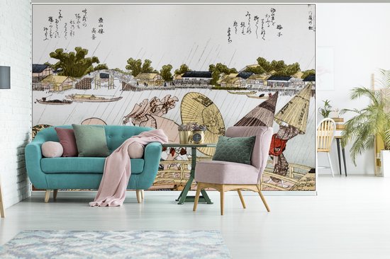 Behang - Fotobehang Japanse illustratie Makura bridge van Katsushika Hokusai - Breedte 420 cm x hoogte 280 cm
