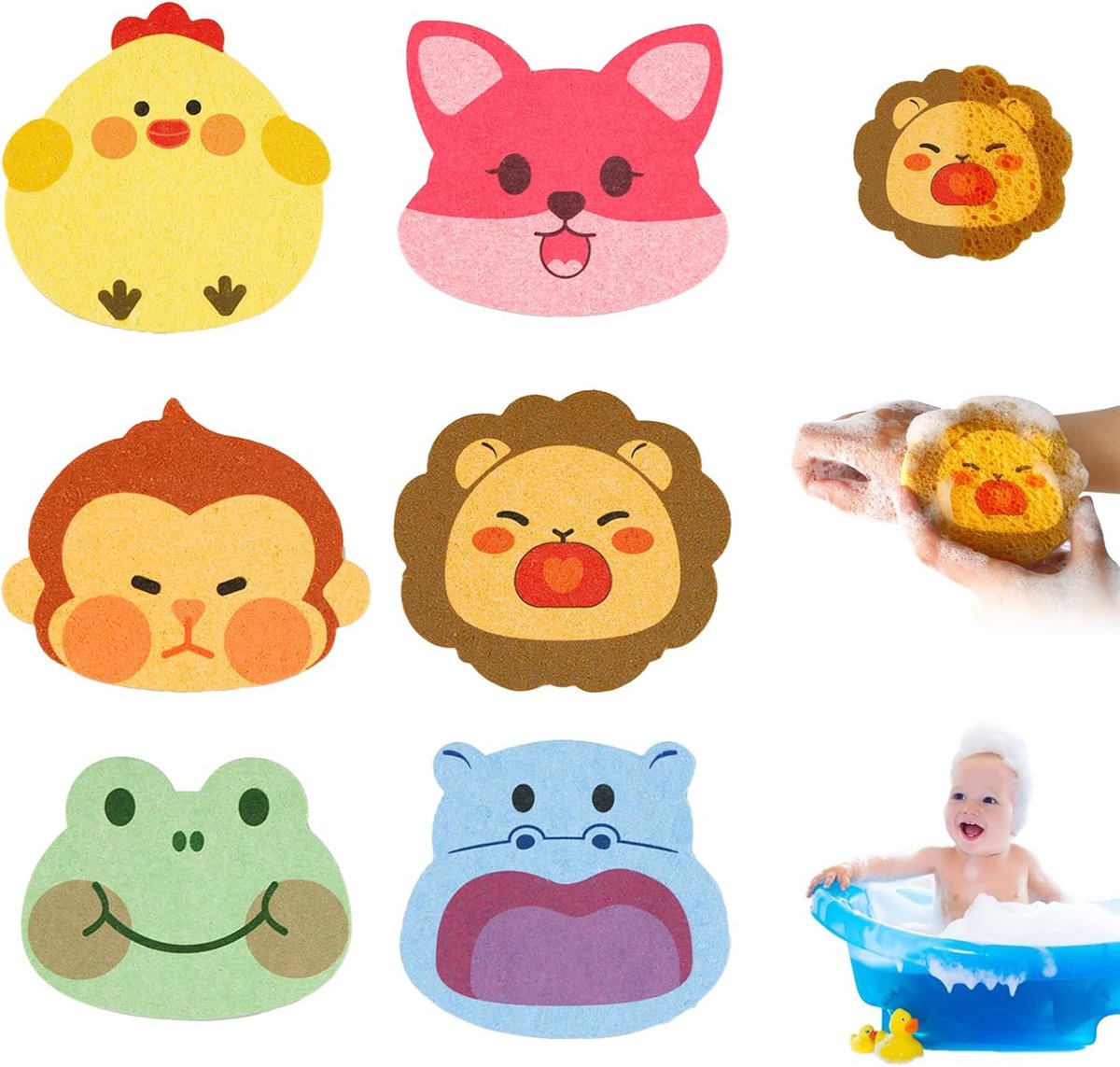 Badspons voor kinderen, 6 stuks babywasspons, cartoonvorm, douchespons, natuurlijke hout-pulp, katoen, veilig en veilig, een groot aantal kleine dierenvormen, zodat je baby graag badt