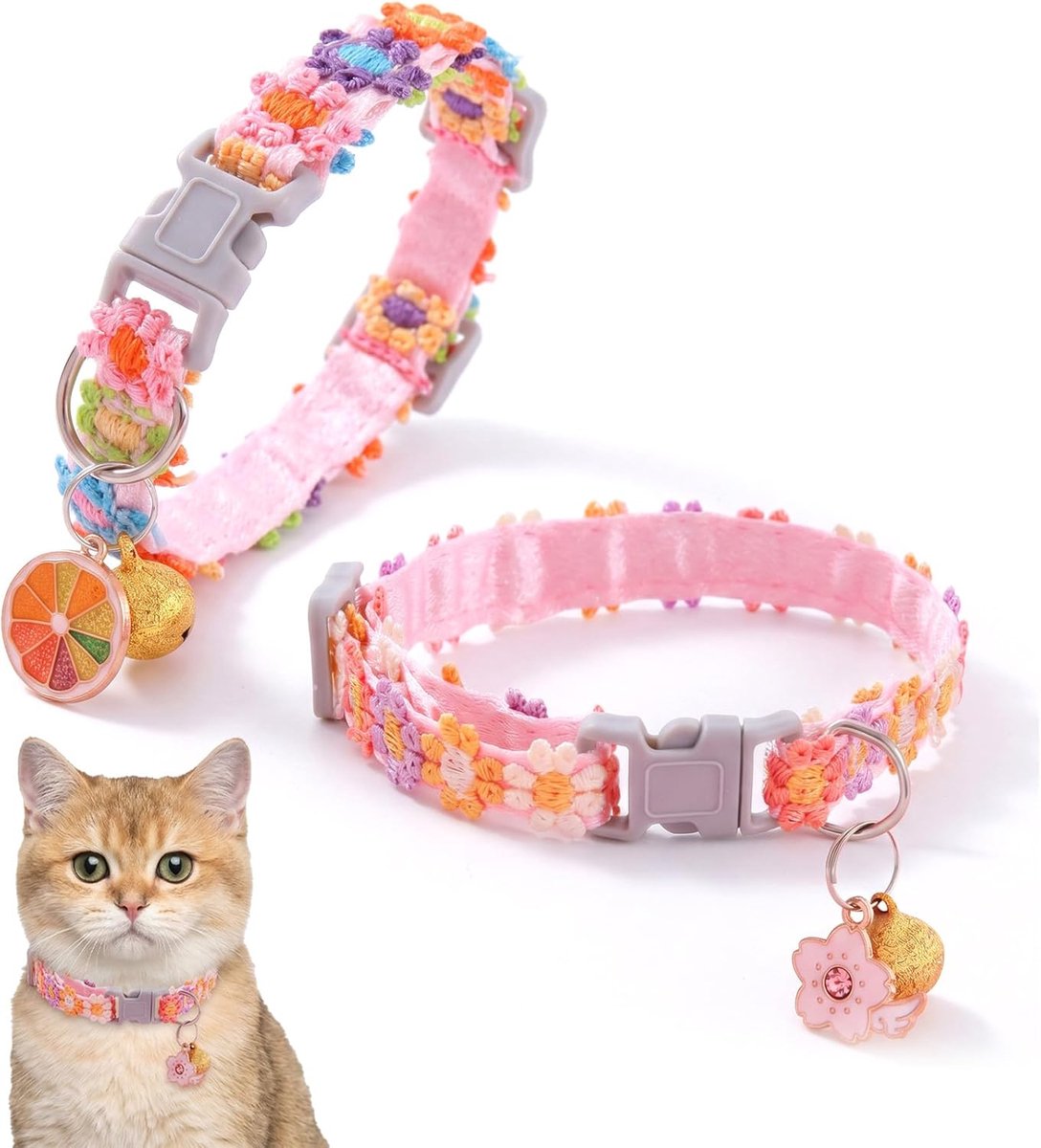Twee kattenhalsbandjes met belletjes, roze, schattige verstelbare halsbandjes voor kittens en kleine katten, geschikt voor dagelijks gebruik binnenshuis en buitenactiviteiten.