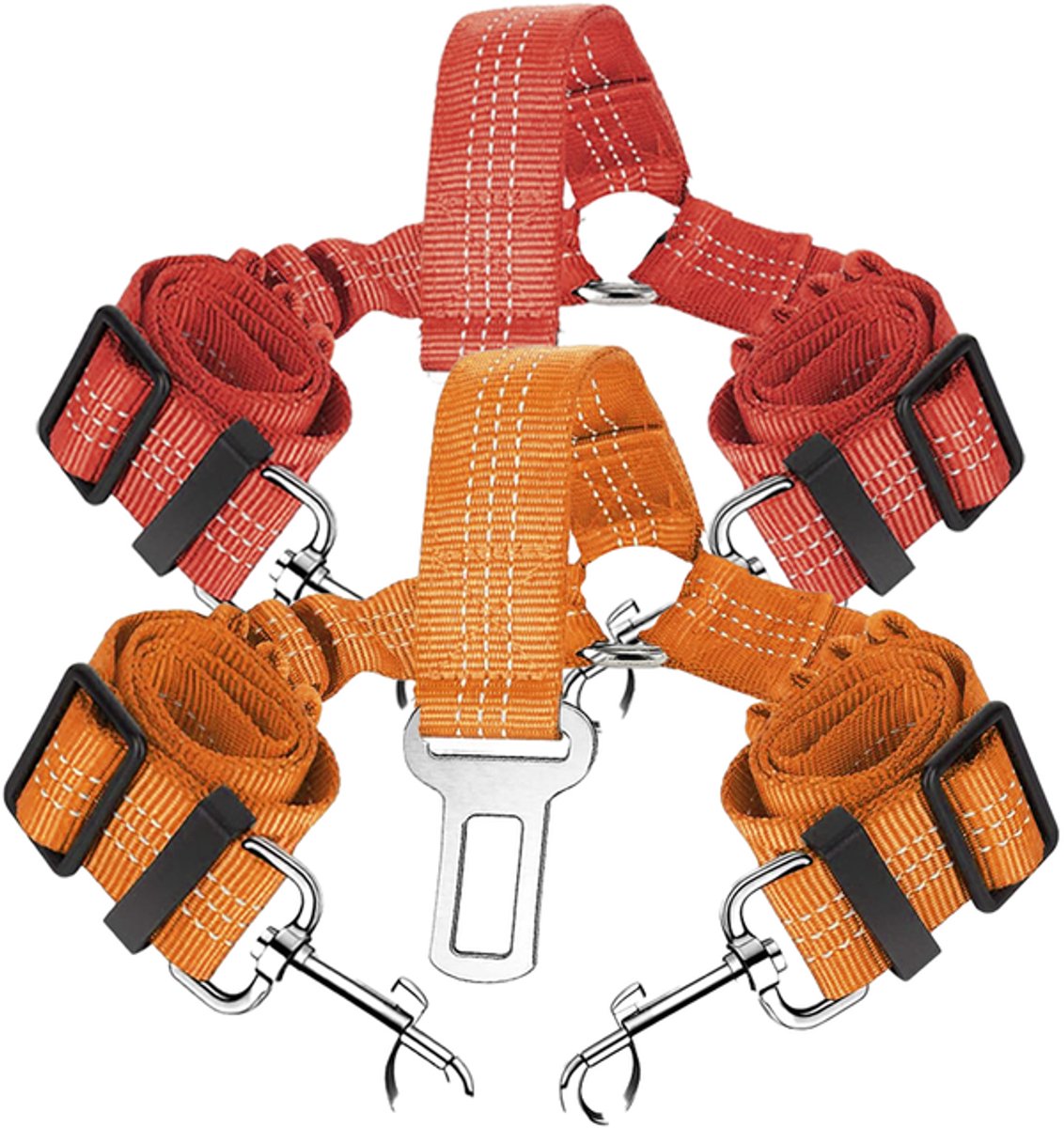 Set van 2 Dual-Dog autogordels – Verstelbare autogordel voor twee huisdieren, voorzien van een elastische riem en reflecterende strips, met een knoopvrij ontwerp met vertakking;rood+oranje