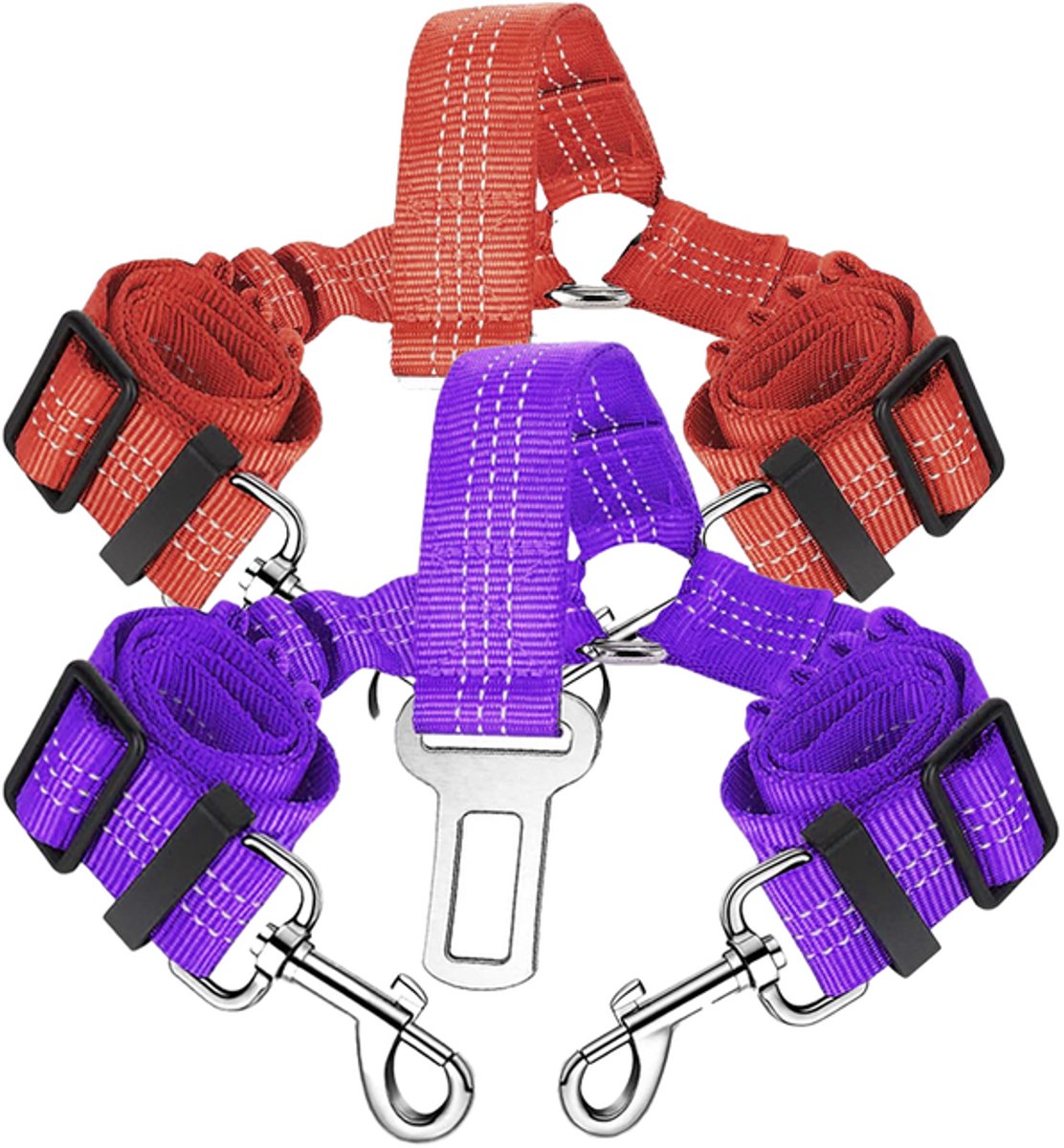 Set van 2 Dual-Dog autogordels – Verstelbare autogordel voor twee huisdieren, voorzien van een elastische riem en reflecterende strips, met een knoopvrij ontwerp met vertakking;rood+paars