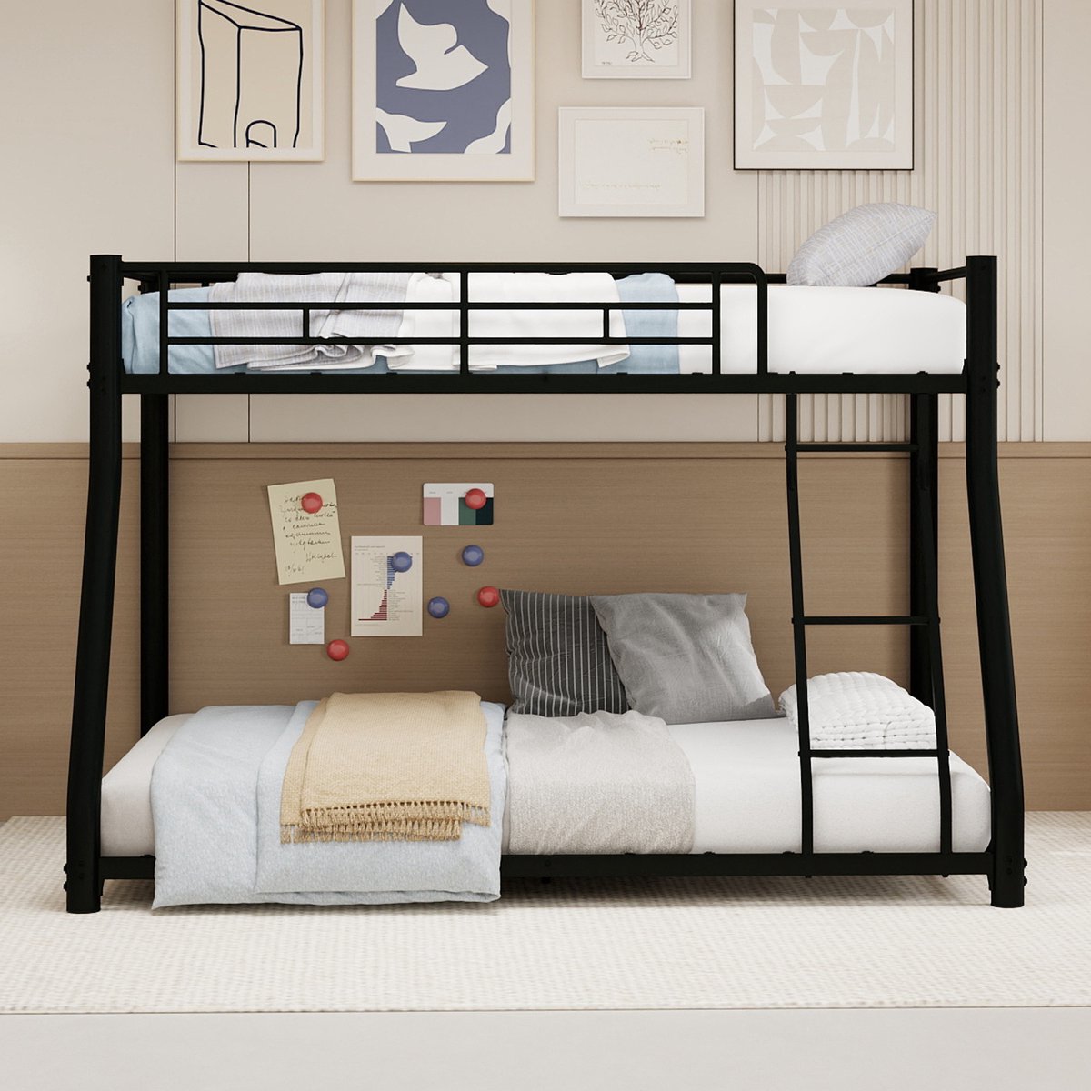 Welltin Stapelbed 140x190 cm - kinderbed 90x140 cm - stapelbed metaal - Mat Zwart - Tienerbed - Bedden - Met valbeveiliging - Trap