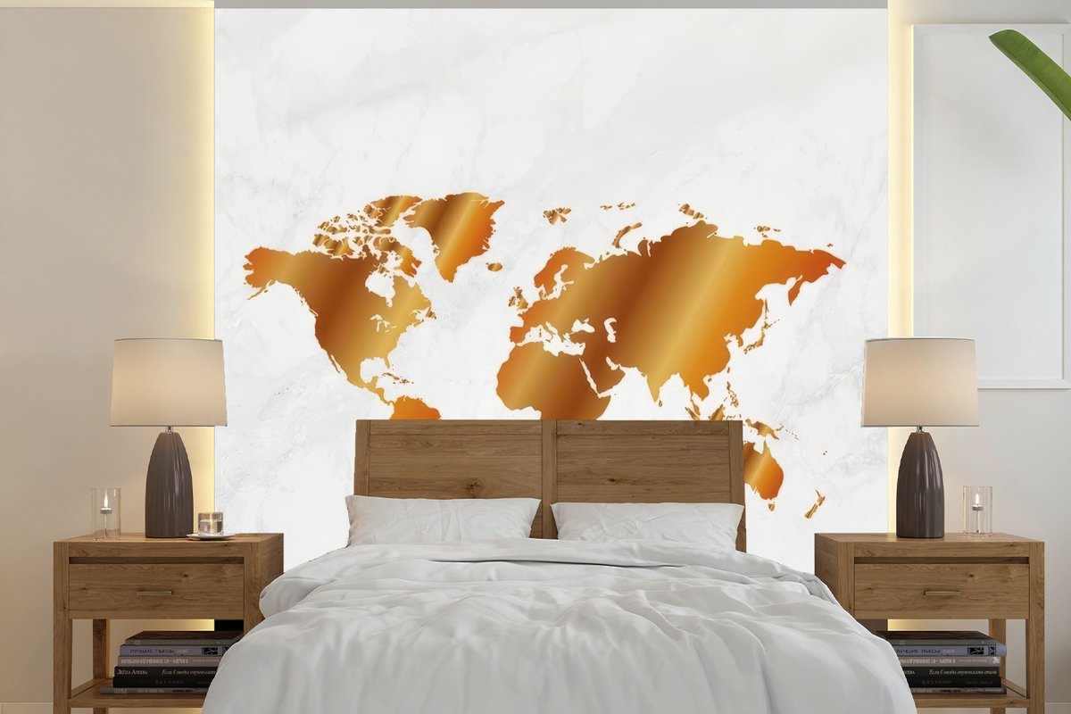 Behang - Fotobehang Wereldkaart - Marmer - Goud - Breedte 300 cm x hoogte 300 cm