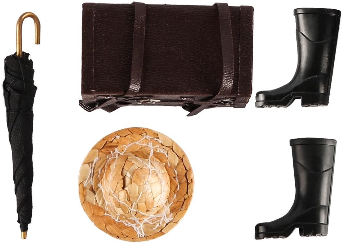Dailygoods - Poppenhuisaccessoires - Mini kofferset - Creatief speelgoed - Bruin - Mini laarzen - Reisaccessoires 1/12
