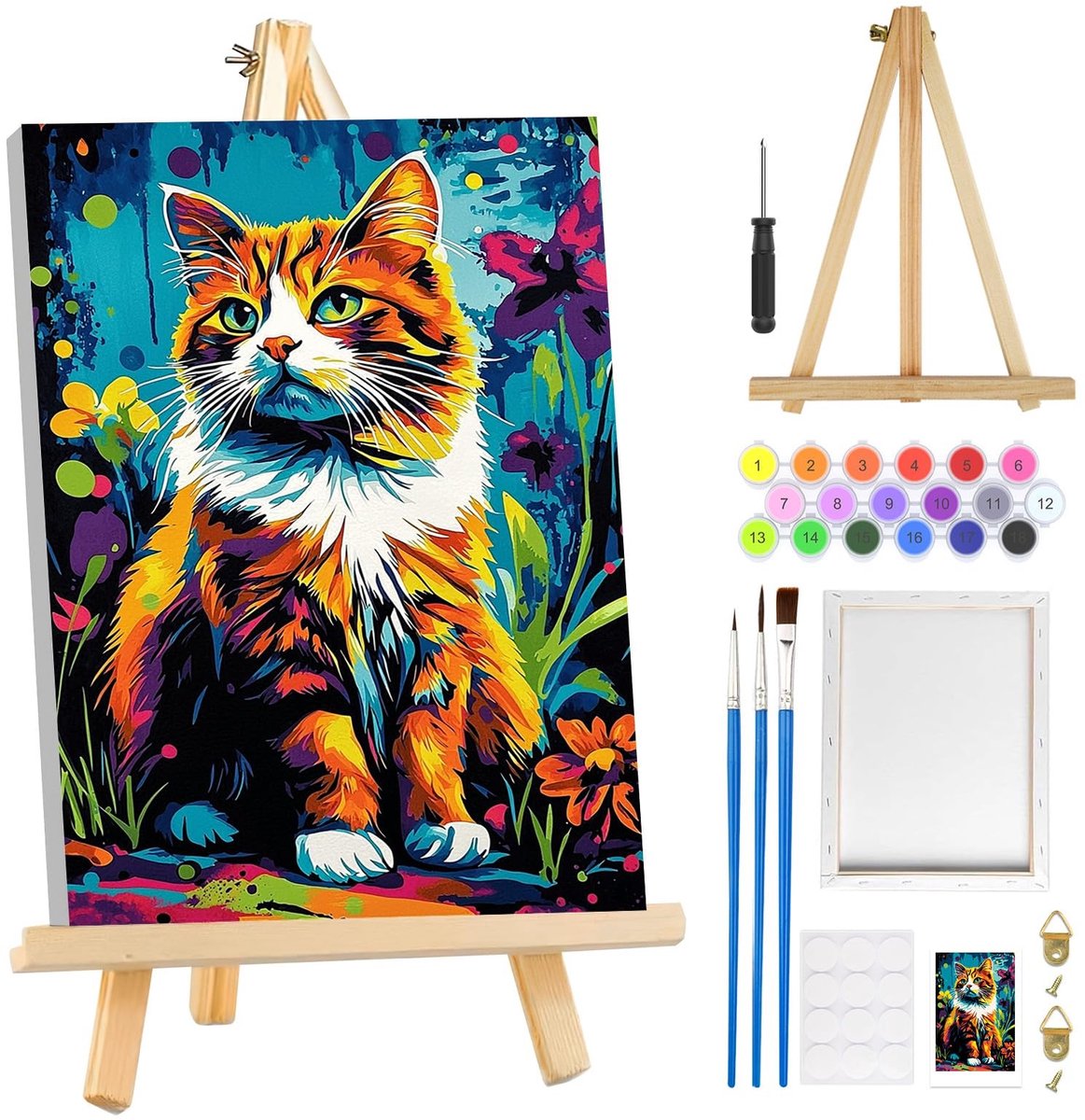Dailygoods - MOGTAA Kat verf op nummer voor volwassenen, beginner met frame, bloemen landschap schilderen op nummer voor volwassenen met ezel, doe-het-zelf olieverfschilderij kits kunstambachten voor huisdecoratie