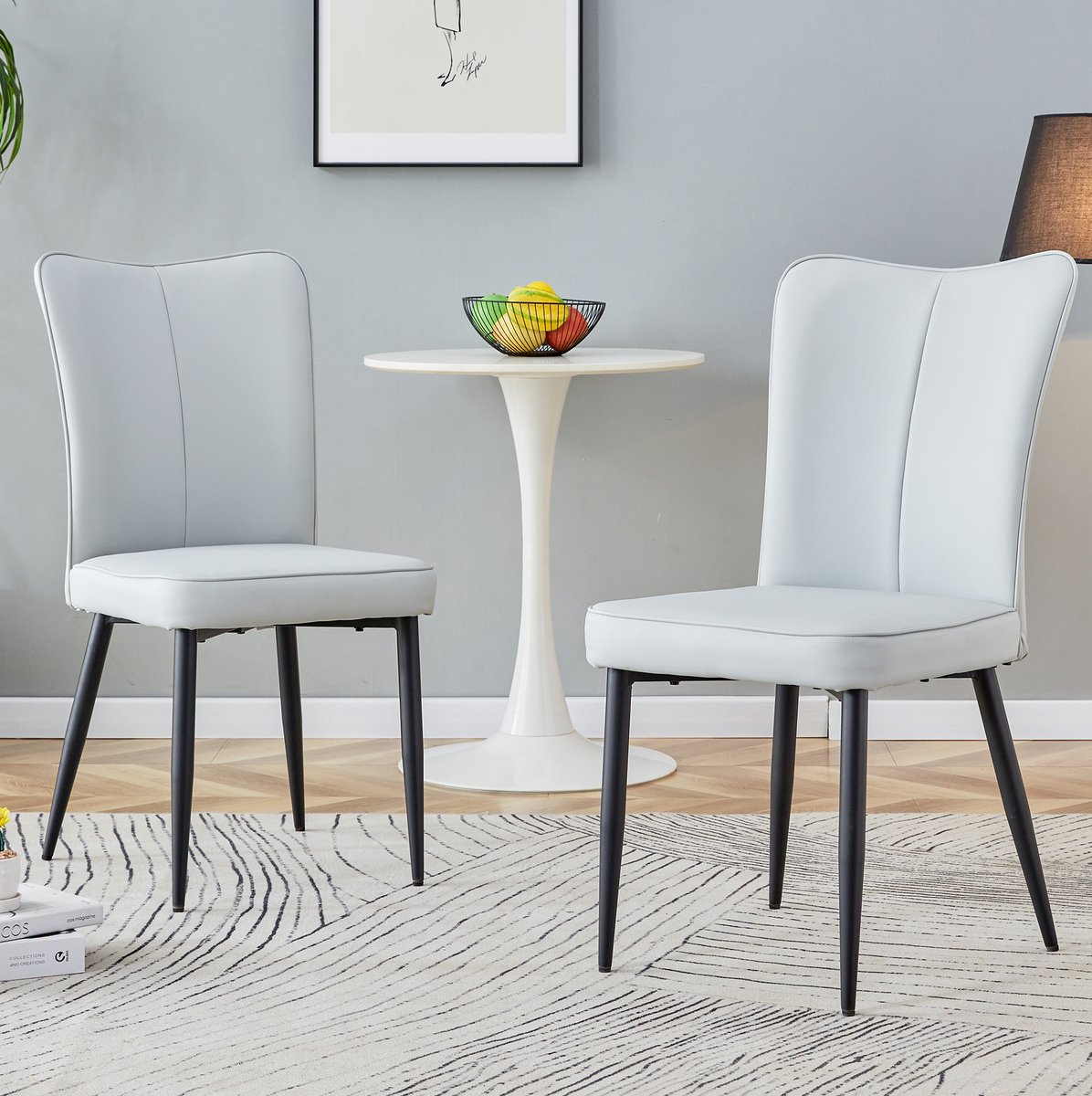 DESMIU Eetkamerstoel - 89 Cm - Set Van 2 - Comfortabele PU Zitting Met Ergonomische Rugleuning - Voor Eetkamer En Kantoor - Metaal Lichtgrijs Zwart