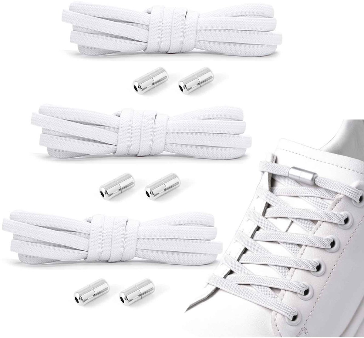 Dailygoods - GWAWG 3 paar veters, zonder strikken, elastische veters met metalen gespen, voor volwassenen en kinderen, voor gymschoenen, wandelschoenen (wit), wit